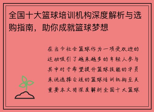 全国十大篮球培训机构深度解析与选购指南，助你成就篮球梦想